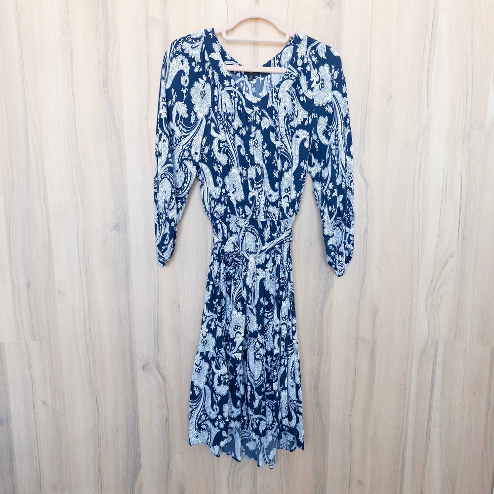 Talbots Paisely Midi Dress Size S Petite Blue Tie Waist Tiered Classic Preppy
